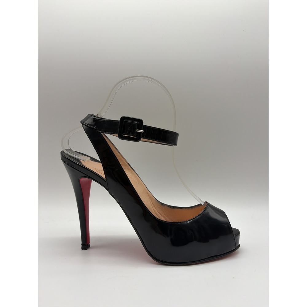 Christian Louboutin Lady Peep Slingback Black Patent Leather Heels Size 38.5